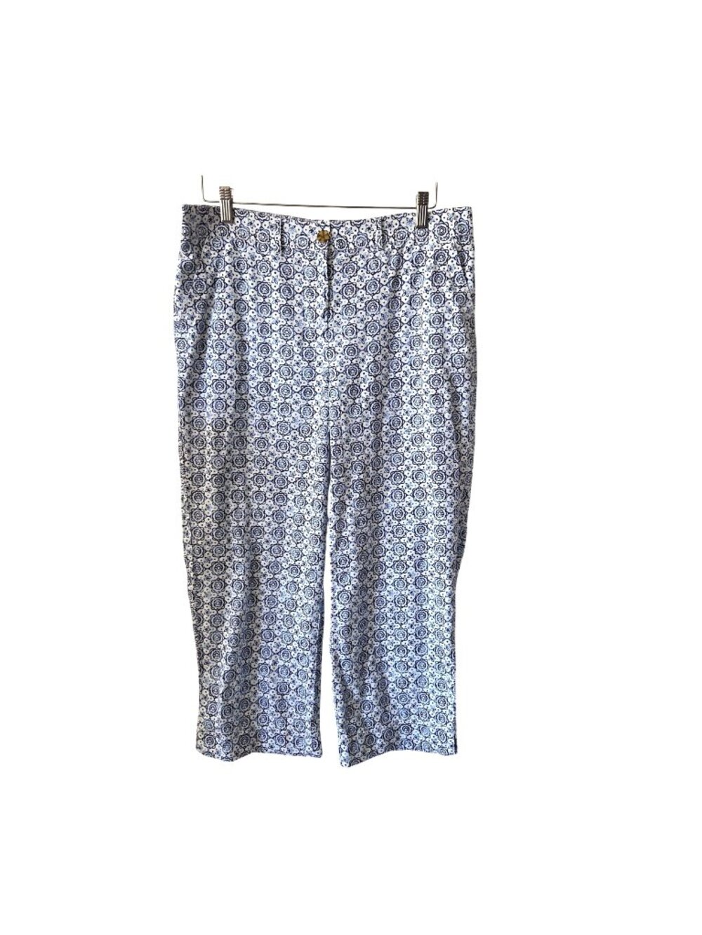 Talbots Womens Size 14 Blue White Floral Slim Crop Pants Linen Blend Lightweight